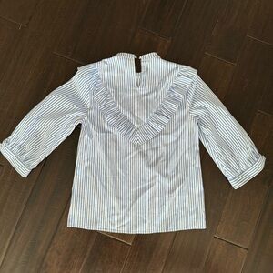 Like new, poplin striped ruffle mock neck shirt